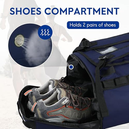 Haimont Duffel Backpack Bag 50L Water Repellent Sports Gym Bag Foldable Men Women with Shoe Compartment for Travel Hiking Camping Outdoor, Navy Blue - color: Navy Blue