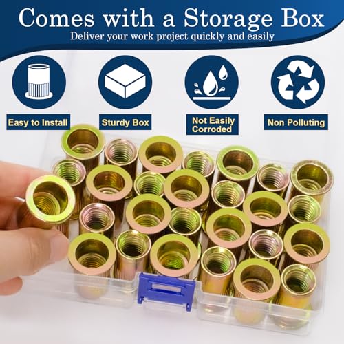 1/2''-13 UNC Rivet Nut, 19Pcs Zinc Plated Finish Carbon Steel Flat Head Threaded Insert Nutsert Kit - color: Yellow, size: SAE 1/2"-13 - 19 Pcs