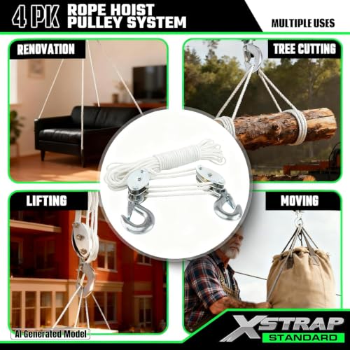 XSTRAP STANDARD Heavy-Duty 2,000 LB Breaking Strength 50 FT Rope Hoist | 1000Lbs work load, metal wheel bearing pulley for lifting heavy objects, includes 2 soft loops, heavy-duty rope hoist (White) - color: 50ft White Standard