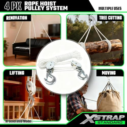 XSTRAP STANDARD Heavy-Duty 2,000 LB Breaking Strength 50 FT Rope Hoist | 1000Lbs work load, metal wheel bearing pulley for lifting heavy objects, includes 2 soft loops, heavy-duty rope hoist (White) - color: 50ft White Standard