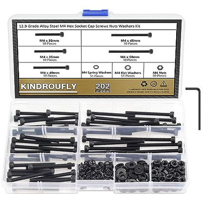 202 Pieces Black M4 x 30/35 /40/45 /50 mm Hex Socket Head Cap Screws Nuts Washers Assortment Kit, 12.9 Grade Alloy Steel - size: M4 x 30/35/40/45/50mm, style: Socket Head