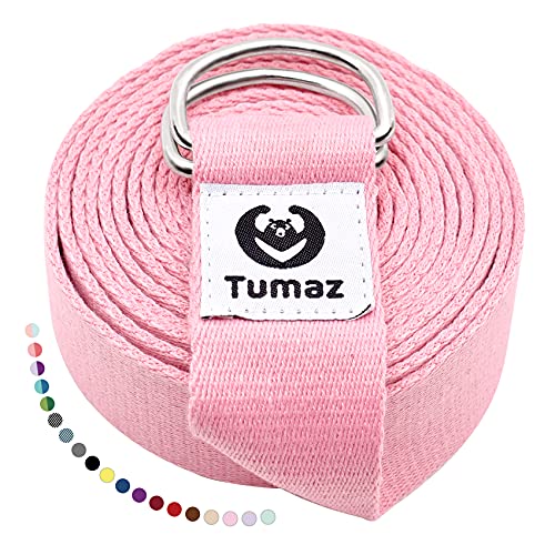 Tumaz Yoga Strap for Stretching with Adjustable D-Ring, 6/8/10 ft | Adjustable D-Ring | Soft Cotton Blend | 15+ Colors | Non-Elastic Yoga Belt for Pilates Stretching & Physical Therapy - color: 18. Pink, size: 8 Feet (with Storage Band)