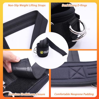 J Bryant Double D-Ring Weight Lifting Wrist Cuffs; Non-Slip Padded Support for Deadlifts, Bodybuilding, Strength Training & Cable Machine Workouts