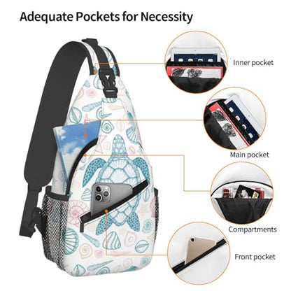Sea Turtle Crossbody Sling Bag for Women Men Coastal Sea Animal Turtle and Shells in Line Art Style Travel Sling Backpack Casual Shoulder Bag Underwater World Print Sports Hiking Daypack - color: Blue Pink