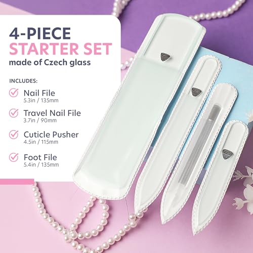 Bona Fide Beauty Czech Glass Gift Set: Foot File, Nail File, Cuticle Pusher | Clear set: genuine Bohemian crystal glass set includes protective cases and sleeves. Reusable and easy to clean. - color: Clear