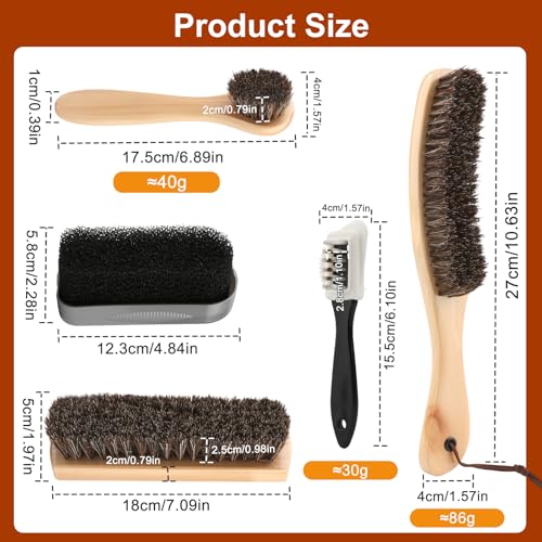 5pcs Horsehair Shoe Brush Premium Shoe Polish Brush, Horsehair Felt Hat Brush Kit with Cleaning Sponge，Boot Brush Multipurpose Horse Hair Brush for Leather Suede Shoes Felt Hat Furniture