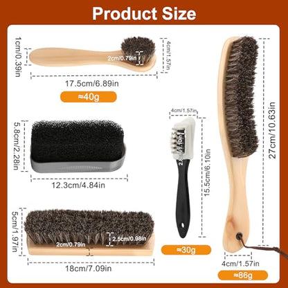 5pcs Horsehair Shoe Brush Premium Shoe Polish Brush, Horsehair Felt Hat Brush Kit with Cleaning Sponge，Boot Brush Multipurpose Horse Hair Brush for Leather Suede Shoes Felt Hat Furniture