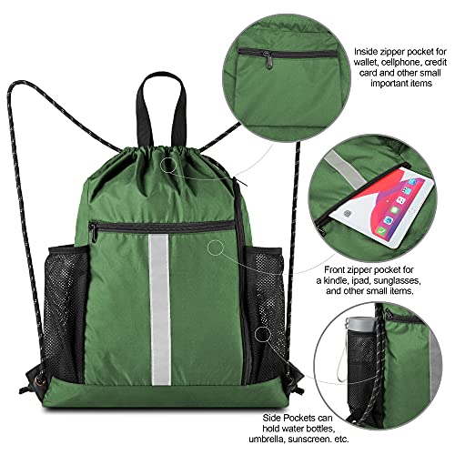 BeeGreen Green Drawstring Bag Gym Cinch Backpack w Shoe Compartment and Two Side Pockets Machine Washable Sports Sinch Sack String Sackpack for Swim Equipment Beach Travel - color: Green, style: Drawstring With Shoe Compartment