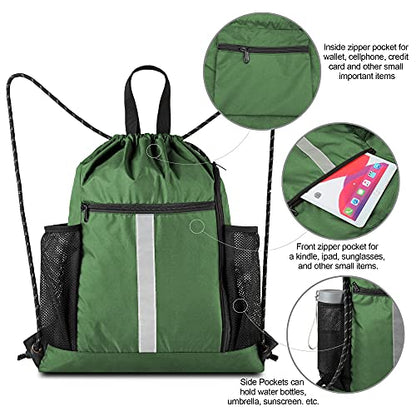 BeeGreen Green Drawstring Bag Gym Cinch Backpack w Shoe Compartment and Two Side Pockets Machine Washable Sports Sinch Sack String Sackpack for Swim Equipment Beach Travel - color: Green, style: Drawstring With Shoe Compartment