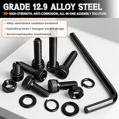 mankk 304PCS M5 Screws Kit M5 x 8/12/16/20/30/35mm Hex Socket Head Cap Bolts Nuts & Washers Assortment Kit 12.9 Grade Alloy Steel Machine Screws - size: M5, style: Hex Socket Cap