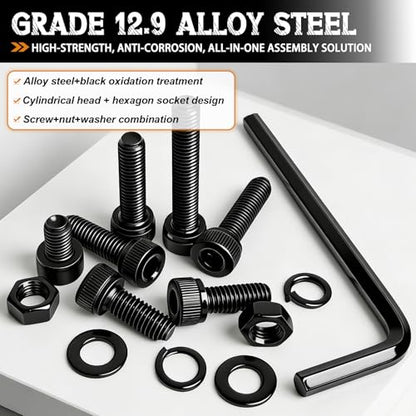 mankk 304PCS M5 Screws Kit M5 x 8/12/16/20/30/35mm Hex Socket Head Cap Bolts Nuts & Washers Assortment Kit 12.9 Grade Alloy Steel Machine Screws - size: M5, style: Hex Socket Cap