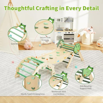 7-in-1 Collapsible Climbing Triangle Climbing Set for Toddlers, Wooden Indoor Jungle Gym Playground with Arch, Ramp & Ladder, Space-Saving, Toddler Climbing Toys– Green - color: Green