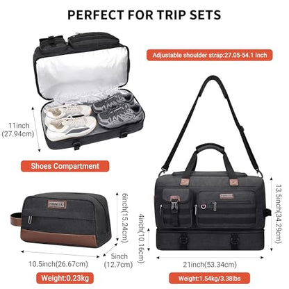 WITZMAN Duffle Bag for Men 50L Travel Canvas Weekender with Toiletry Bag | With Shoe Compartment and Dry-wet Pocket, Convertible, Carry On, One Duffel for Gym, Sports, Overnight, A8010/2 Black - color: Classic Black