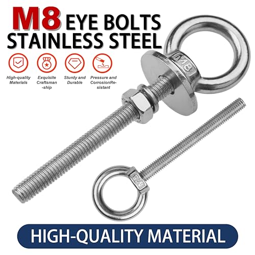 4 Pack M8 Stainless Steel Eye Bolts with Nuts,5/16" x 3" Eye Bolts | 304 Stainless Steel Eye Bolt,Eye Bolts Heavy Duty for Hang Tie Down Outdoor,m8 eye bolt,Long Lifting Ring Eye Bolt - size: M8x77mm (5/16"x3")