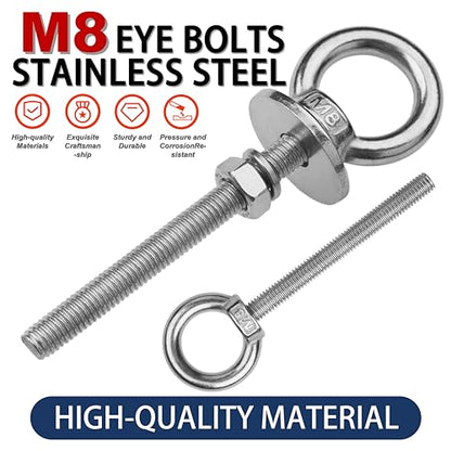 4 Pack M8 Stainless Steel Eye Bolts with Nuts,5/16" x 3" Eye Bolts | 304 Stainless Steel Eye Bolt,Eye Bolts Heavy Duty for Hang Tie Down Outdoor,m8 eye bolt,Long Lifting Ring Eye Bolt - size: M8x77mm (5/16"x3")