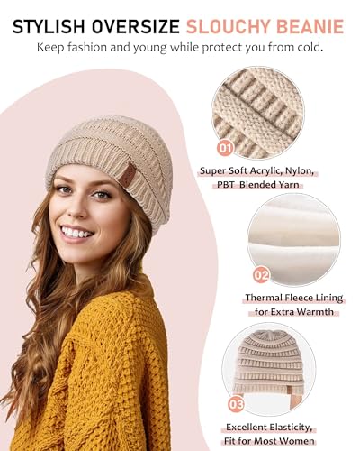Womens Winter Beanie Hat Scarf Gloves Headband Set, Slouchy Beanie Ear Warmer Knit Scarf Touchscreen Gloves Warm 4 Gift Set - color: Pink