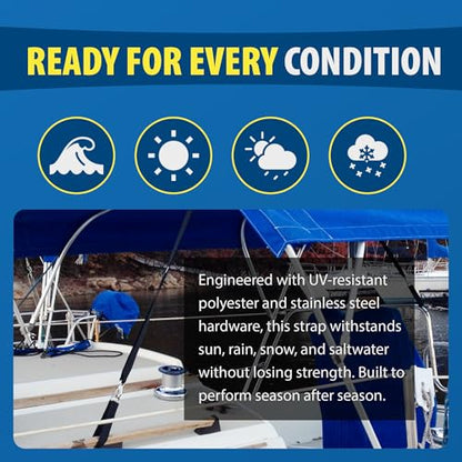 EZ-Xtend Premium D-Ring Strap with Loop for Rail Attachment of Standard Bimini Strap to Handrail - Stainless Steel D-Rings - Boat Accessories - 1 Pack (White, 8 1/2 inches with D-Ring & Loop) - color: White