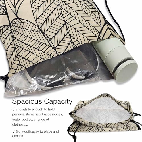 Drawstring Backpack Bag Black Texture Leaf Autumn Beige Seamless Stylized Leaf Pattern Lightweight Backpack Soccer Ball Bag Sutiable for Sports Beach Short Travel Stroage 14x16.9 Inch - color: Black Texture Leaf