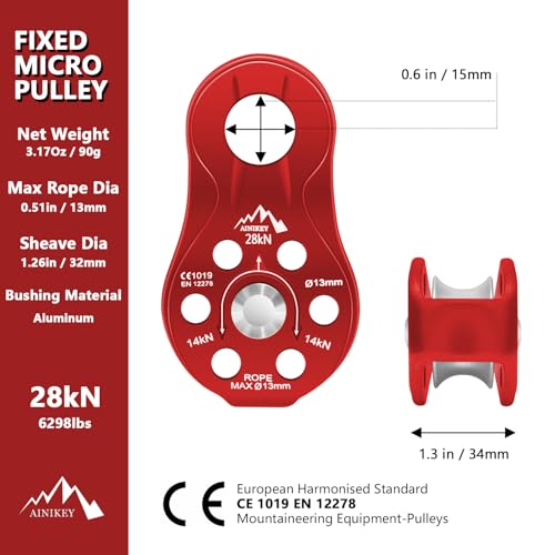 Fixed Plate Micro Pulley, 28KN CE Certified General Purpose Small Aluminum Rope Pulleys Slack Tender for Hauling/Rigging/Climbing/Aloft Work/Rappelling etc (Pack of 2(28KN Pulley Red)) - color: Pack of 2(28KN Pulley Red)