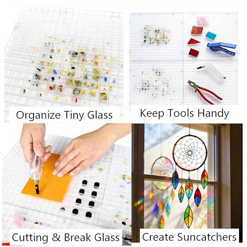 Stained Glass Cutting Mat, Solid Bottom Plastic Grid, 12"x12", Includes Rubber Pads, Breaker Ball, Non-Slip Grip Rings, Ideal for Stained Glass Artists, Hobbyists (Clear-4 PACK) - color: Clear-4 Pack