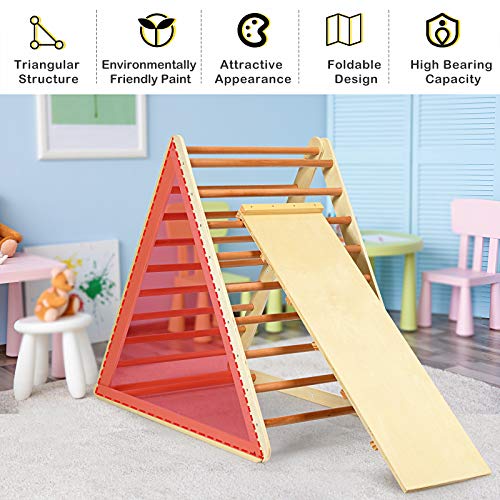 HONEY JOY Triangle Climber with Ramp, 2-in-1 Indoor Toddler Climbing Triangle Set with Ladder & Slide, Foldable Wooden Kids Climbing Toys for Playground, Gym & Daycare, Gift for Boys Girls (Natural) - color: Natural