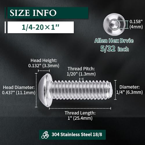 1/4-20 x 1 Button Head Socket Cap Bolts Screws, 304 Stainless Steel 18-8, Allen Hex Drive, Bright Finish, Fully Machine Thread, Pack of 100 - size: 1/4-20 x 1