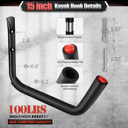 Nacial 12 Pack Garage Hooks Heavy Duty, 15" & 9.8" & 3.5" Kayak Storage Hook with EVA Pads, 100LBS Capacity Garage Hooks for Hanging Bikes, Kayak Folding Chairs and Hanging Ladders - size: 12