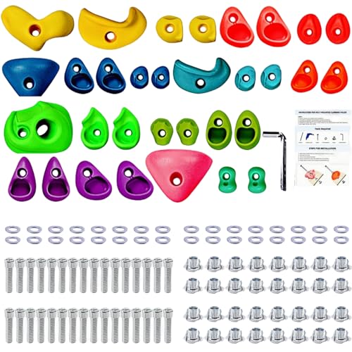 32Pcs Rock Climbing Holds for Adults, Rock Wall Climbing Grips, Multi-Size & Color, for Playground Indoor Outdoor Play Set, with 32 Set Mounting Hardware and 1 x Hexagon Wrench