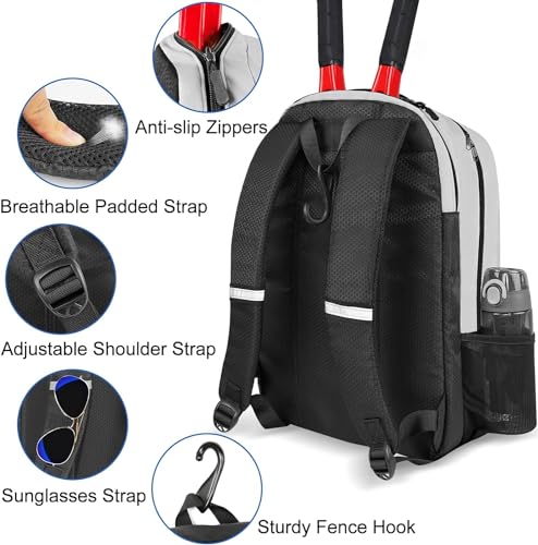 Ytonet Tennis Bag Tennis Backpack for Women Men 2 Rackets | Insulated Pocket and Ventilated Shoe Compartment, Gym Bags with Fence Hook for Pickleball and Badminton Rackets - color: Grey