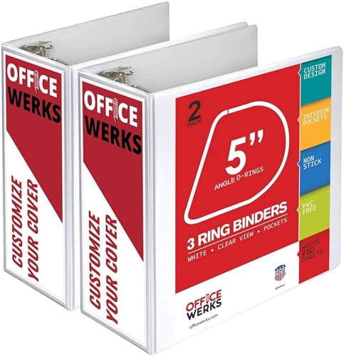 5 Inch 3 Ring Binder 2 Pack, Heavy Duty Locking D-Ring, Holds 950+ Sheets, PVC-Free, Assembled in USA, 8.5 x 11, Clear View Cover with Pockets, Customizable, Professional, White - Ring Binder Depot | Locking Rings, PVC-Free, Assembled in USA, 8.5 x 11, Cl