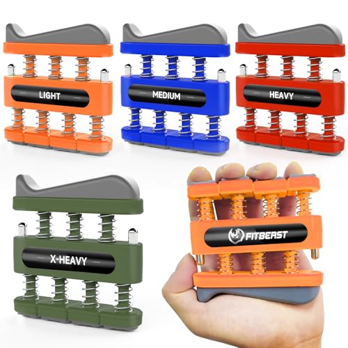 FitBeast Finger Strengthener, Finger Exerciser, Hand Exerciser for Improve Dexterity and Strength in Fingers, Hands, Forearms–Grip Strength Trainer for Musicians, Climbers - color: 4 Piece Set -Orange Blue Red Olive Green