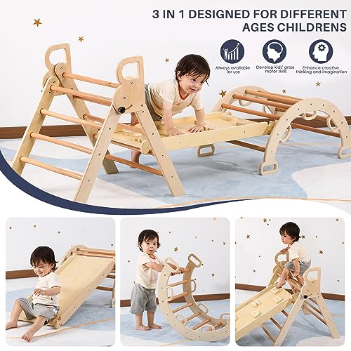 BlueWood Pikler Triangle Set, Foldable Wooden Toddler Climbing Toys Indoor Playground Jungle Gym Montessori Philosophy Climber for 2-6 Years Old, Baby, Kids (Natural Wood, with Cushion) - color: Natural