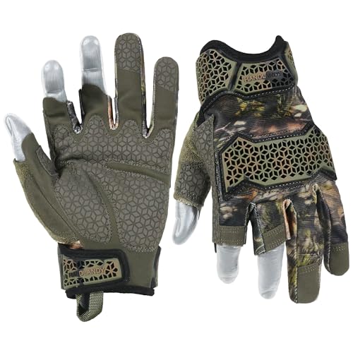 HANDLANDY Fingerless Framer Work Gloves for Men, Utility Grip Paded Gloves for Tactical Shooting Airsoft Hunting Driving (Camo- 3 Fingerless, Medium (Pack of 1)) - color: Forest Camo, size: Medium (Pack of 1)
