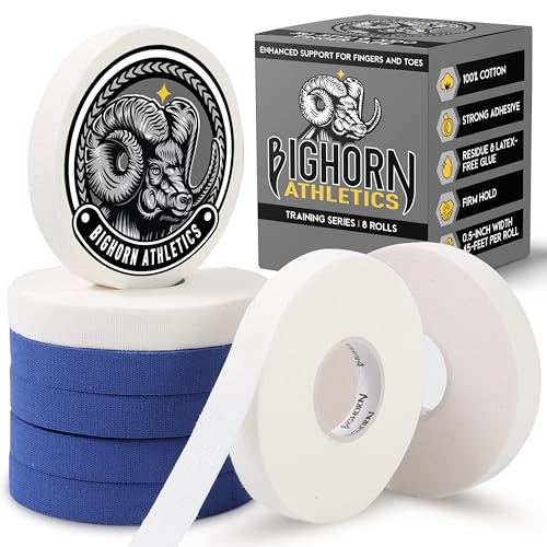 Bighorn Athletics Finger Tape, 0.5-Inch × 45-Feet, 8 Rolls, Blue/White | Athletic Sports Tape for Jiu Jitsu, Climbing, Volleyball, Golf. Hands & Toes Support. Residue-Free, Zinc Oxide Adhesive. - color: Blue & White, size: 0.5-Inch