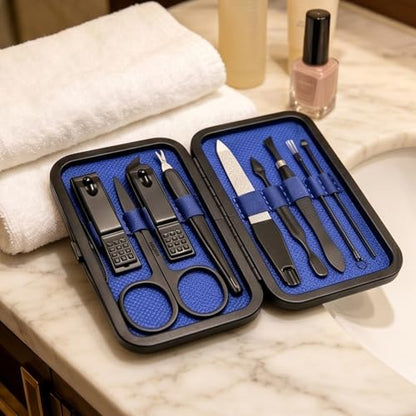 Luxury 9-in-1 Professional Manicure Set - Premium Stainless Steel Nail Clippers & Grooming Kit with Elegant Leather Travel Case for Ultimate Hand, Foot & Facial Care - Blue - color: Blue, size: 9PCS