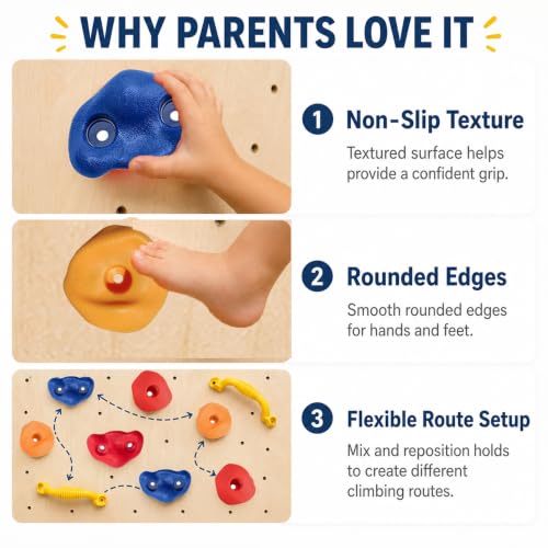 22 Pack Rock Climbing Holds for Kids, Rock Wall Holds with Hardware | Textured Heavy-Duty Resin；Non-Slip & Hand-Friendly；Easy to Install；Strong & Stable Design；Indoor & Outdoor Use