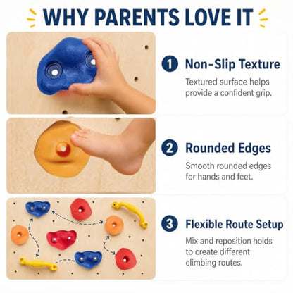 22 Pack Rock Climbing Holds for Kids, Rock Wall Holds with Hardware | Textured Heavy-Duty Resin；Non-Slip & Hand-Friendly；Easy to Install；Strong & Stable Design；Indoor & Outdoor Use