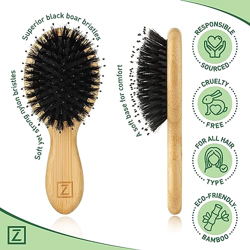 Natural Boar Bristle Hair Brush mini size, portable, easy carry for Women, Men, Kids; Dry and Wet Detangling Hair Brush Gently Enhances Shine, for Fine and Straight, Thick and Curly Hair