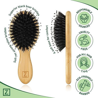 Natural Boar Bristle Hair Brush mini size, portable, easy carry for Women, Men, Kids; Dry and Wet Detangling Hair Brush Gently Enhances Shine, for Fine and Straight, Thick and Curly Hair