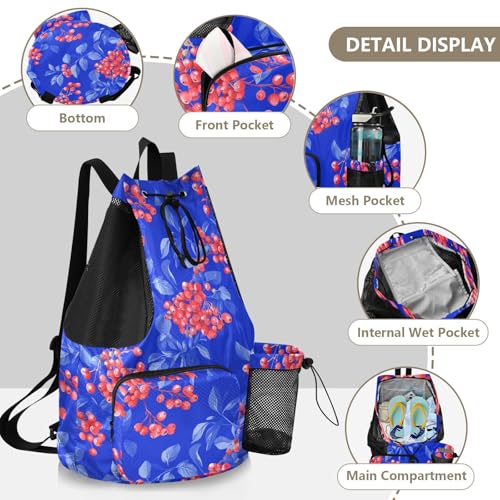 Drawstring Gym Bags For Men Women Climbing Gym Bag With Pockets String Swim Bag Waterproof Red Rowanberry Fruit Royal Blue