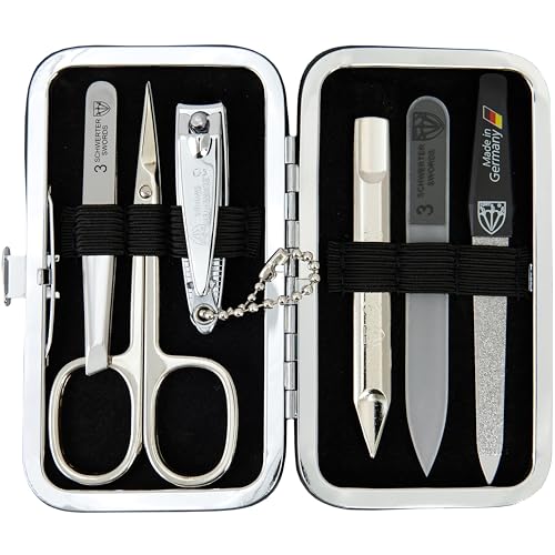 3 Swords Germany - Brand Quality 6 piece Manicure Pedicure Grooming kit Set - Scissors, Metal and Glass Nail File, Clipper, Tweezers with Synthetic Leather case - Brown - color: Brown