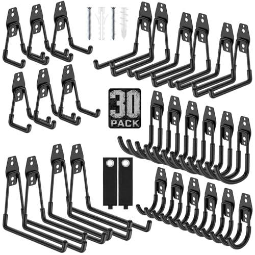 Garage Hooks, Anti-Slip Heavy Duty Wall Mount Hooks, 30-Pack | Hanging Storage for Bikes, Ladders, Hoses, Ropes, Garden Tools - For Warehouse, Workshop, Shed, Shop, Yard - color: 30 Pack Black