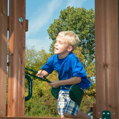 Swing-N-Slide Caribou Valley Wooden Swing Set with Wood Roof, Wave Slide, Monkey Bars, Climbing Wall, Ladder, Picnic Table, and Swings, Green Slide - size: Caribou Valley