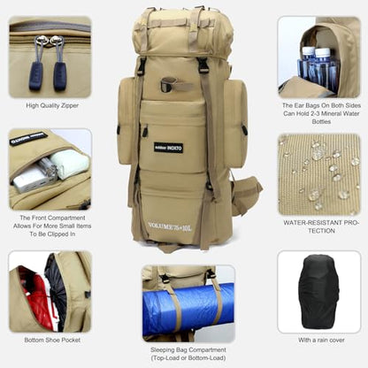 IX INOXTO 85L Lightweight Internal Frame Hiking Backpack for Men Women, Waterproof Travel Camping Backpack with Rain Cover (Khaki) - color: Khaki