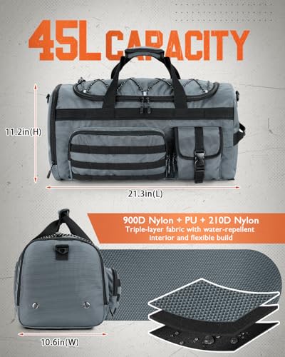 Gonex 45L Tactical Duffel Bag, 3-in-1 Gym & Travel Bag | Shoe compartment, Tactical gear loops, Water-repellent lining, 5 zip pockets, Weekend travel - color: Grey, size: 45L