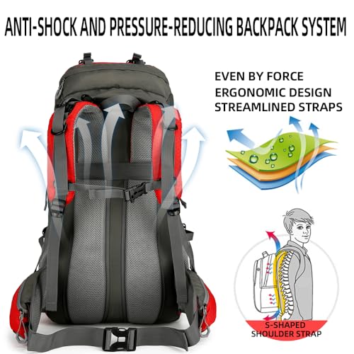 60L Hiking Backpack, Waterproof Camping Backpacking Backpack for Men Outdoor Traveling Climbing Daypack with Rain Cover (Red) - color: Red