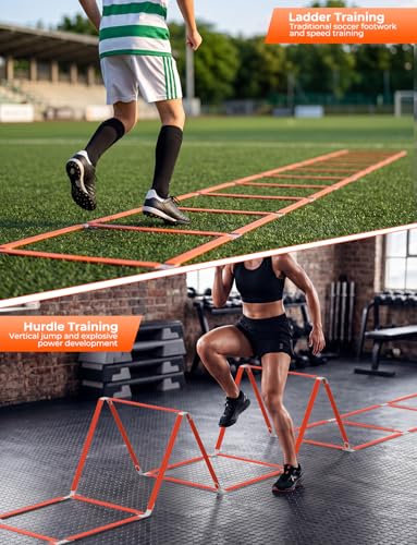 GHB Tangle-Free Agility Ladder Hurdles, 15ft 11 Rungs | 3-in-1 Speed Training Hurdles Set, Footwork Drills for Football, Soccer, Boxing