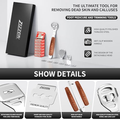 Foot Care Pedicure Callus Shaver Hard Skin Remover Wood Handle 70 Blades | Professional callus remover for hard skin, wood handle grip, includes 70 replacement blades for long-lasting pedicure care.