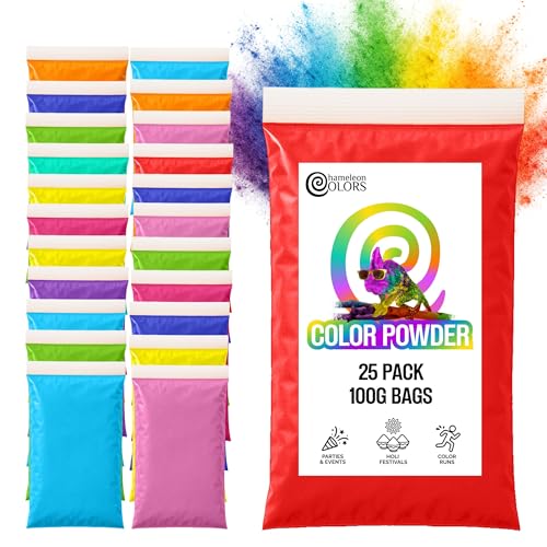 Chameleon Colors 100g Color Powder Packs - 25 Pack - 10 Vibrant Colors in Clear Bags - Non-Toxic & Gluten-Free - Great for Holi, Color Wars, Fun Run, Gender Reveal & Summer Camp - size: 25 Pack