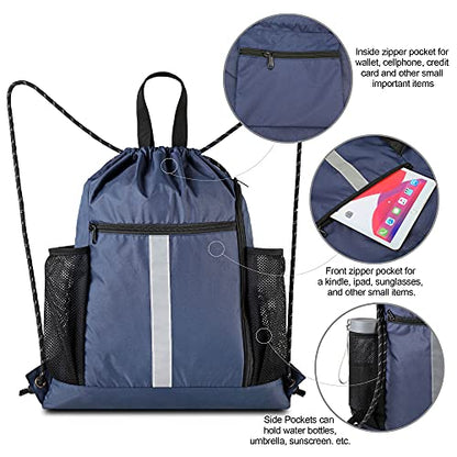 BeeGreen Gym-Drawstring-Backpack-Bag With Shoe Compartment and Two Water Bottle Holder Large String Backpack Sports Bag Athletic Sackpack For Men Women - color: Navy, style: Drawstring With Shoe Compartment